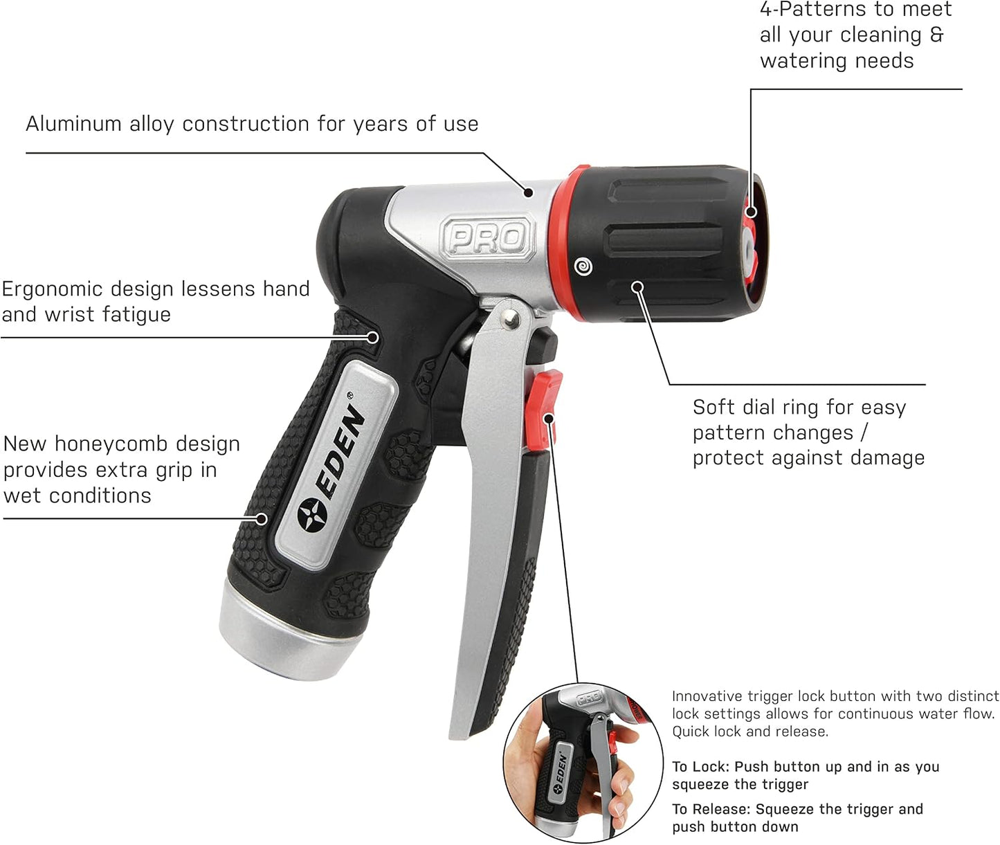 Eden PRO 94834 Metal Front Trigger 4-Pattern Turbo Nozzle | Heavy-Duty Hose Sprayer for Garden, Lawn, Plants, Outdoor Cleaning, Durable Aluminum Core, Quick Connect Set Included