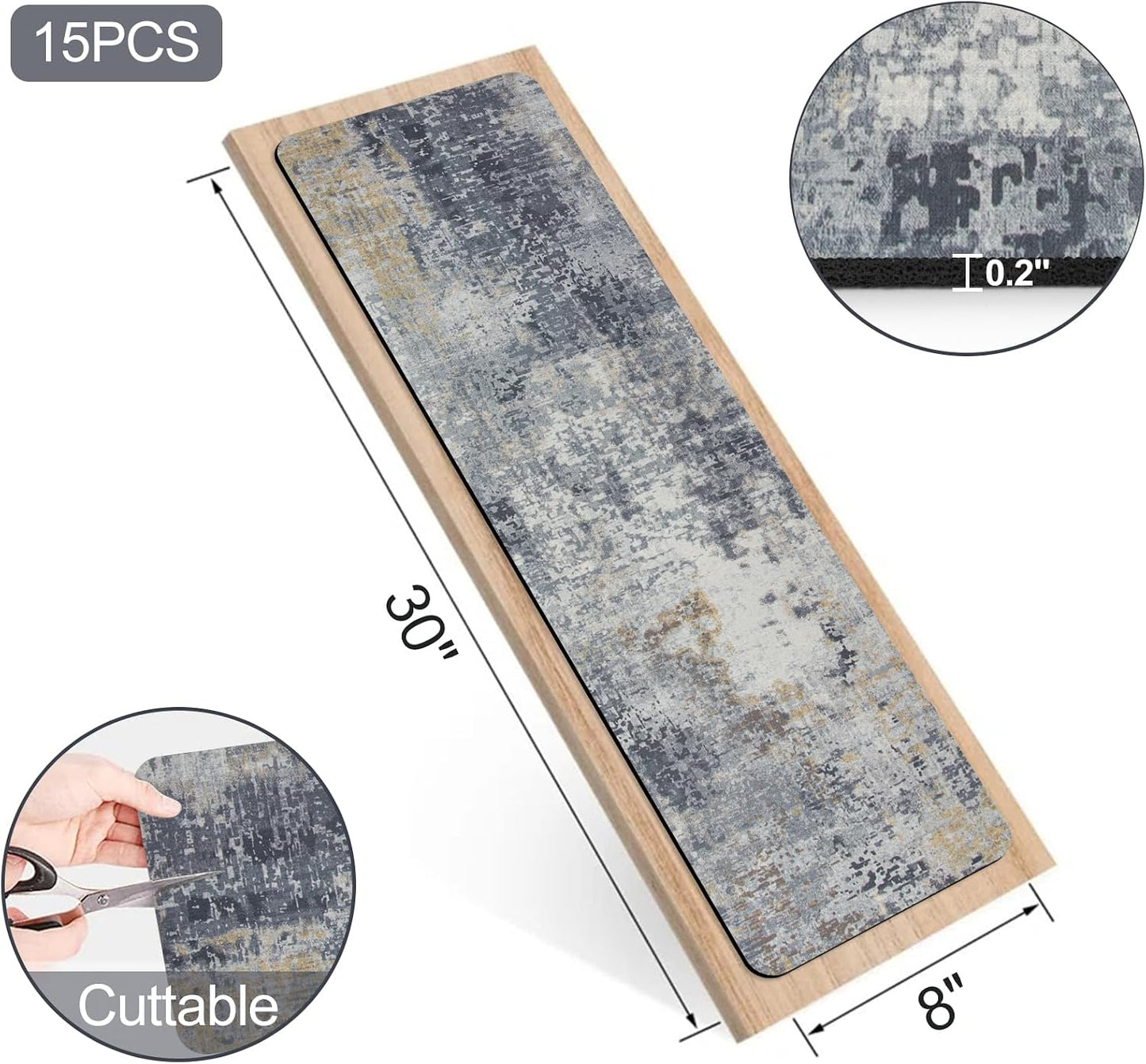 Tiveney Stair Treads Non Slip for Wooden Steps, 15PCS 8"x30" Grey Rubber Backing Stair Runner Mats, Washable Reusable Carpet for Stairs Rugs Indoor Safety Staircase Step Treads for Kids Elders Dogs