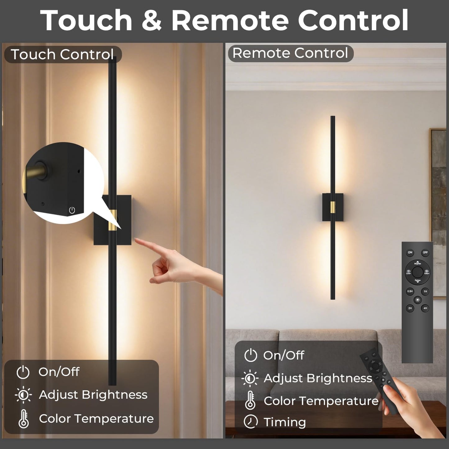 Battery Operated Wall Sconce Set of Two - 10000mAh Cordless Rechargeable Wall Sconces with Remote & Touch Control, 360°Rotate, 4CCT Dimmable Gold Wall Lights for Bedroom Living Room, 31.5 inch