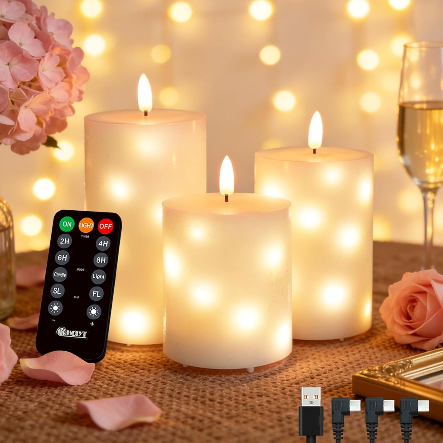 LEDHOLYT Rechargeable Flameless Glass Pillar Candles–Gifts for Women,–Set of 3, Realistic Flickering LED Light,Remote & Timer, Ideal for Living Room, Bedroom & Festival Wedding Home Party Decor