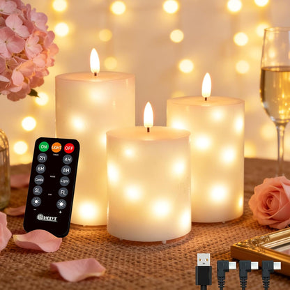 LEDHOLYT Rechargeable Flameless Glass Pillar Candles–Gifts for Women,–Set of 3, Realistic Flickering LED Light,Remote & Timer, Ideal for Living Room, Bedroom & Festival Wedding Home Party Decor