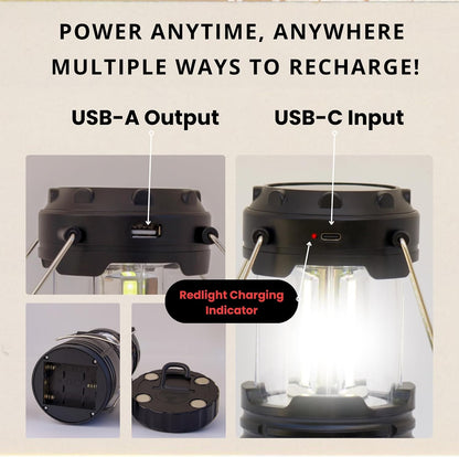 Rechargeable Camping Lantern, Pack of 2 - LED Camping Lantern Battery Powered, Waterproof Solar Lantern for Emergency, Hiking & Power Outages | USB-C Rechargeable, Collapsible, 360° Light