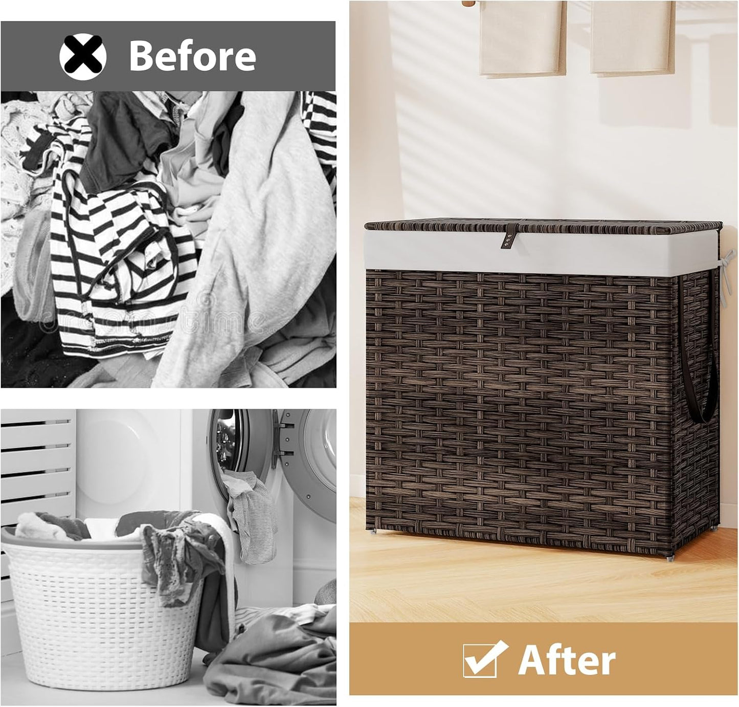Giantex Laundry Hamper w/Wheels, 3 Section Hamper 125L w/2 Removable Liner Bags, Handwoven Rattan Divided Laundry Basket w/Lid and Handle for Laundry Sorter for Bathroom Bedroom (Brown)
