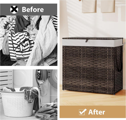 Giantex Laundry Hamper w/Wheels, 3 Section Hamper 125L w/2 Removable Liner Bags, Handwoven Rattan Divided Laundry Basket w/Lid and Handle for Laundry Sorter for Bathroom Bedroom (Brown)