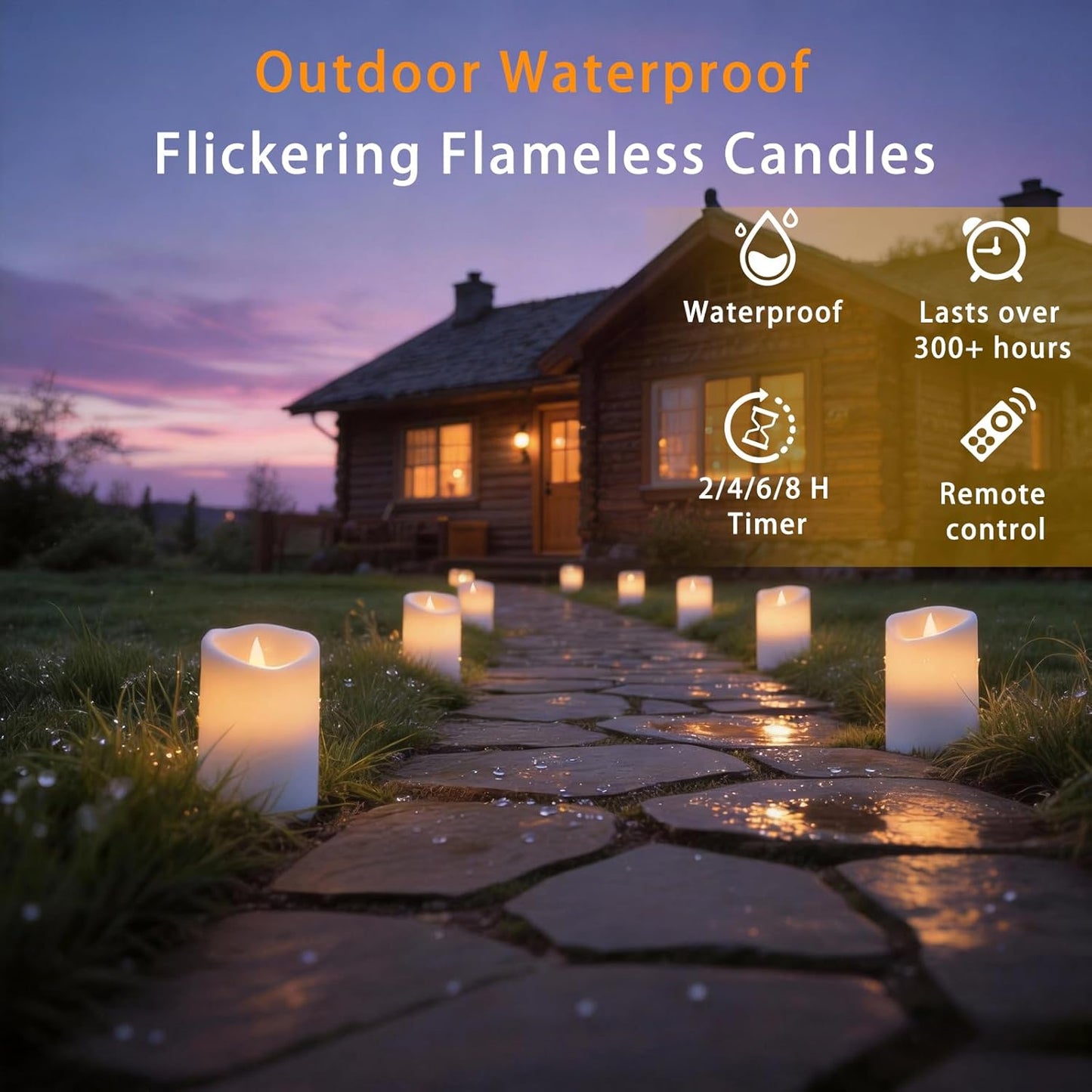 Outdoor Indoor Flameless Candles, Patented 3D Dual-LED, Set of 6 Slanted Top Durable Plastic Pillars with 2 Remotes & Timer, Non-Melting Waterproof Battery Candles for Patio Garden (Ivory)