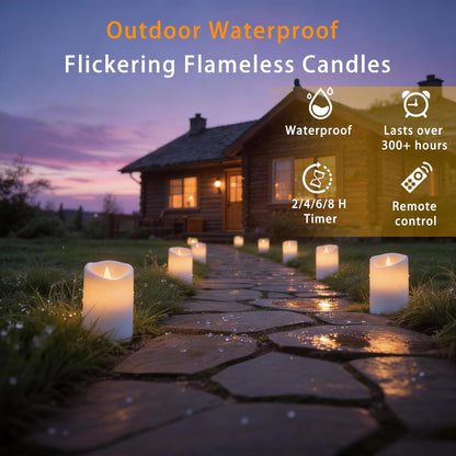 Outdoor Indoor Flameless Candles, Patented 3D Dual-LED, Set of 6 Slanted Top Durable Plastic Pillars with 2 Remotes & Timer, Non-Melting Waterproof Battery Candles for Patio Garden (Ivory)