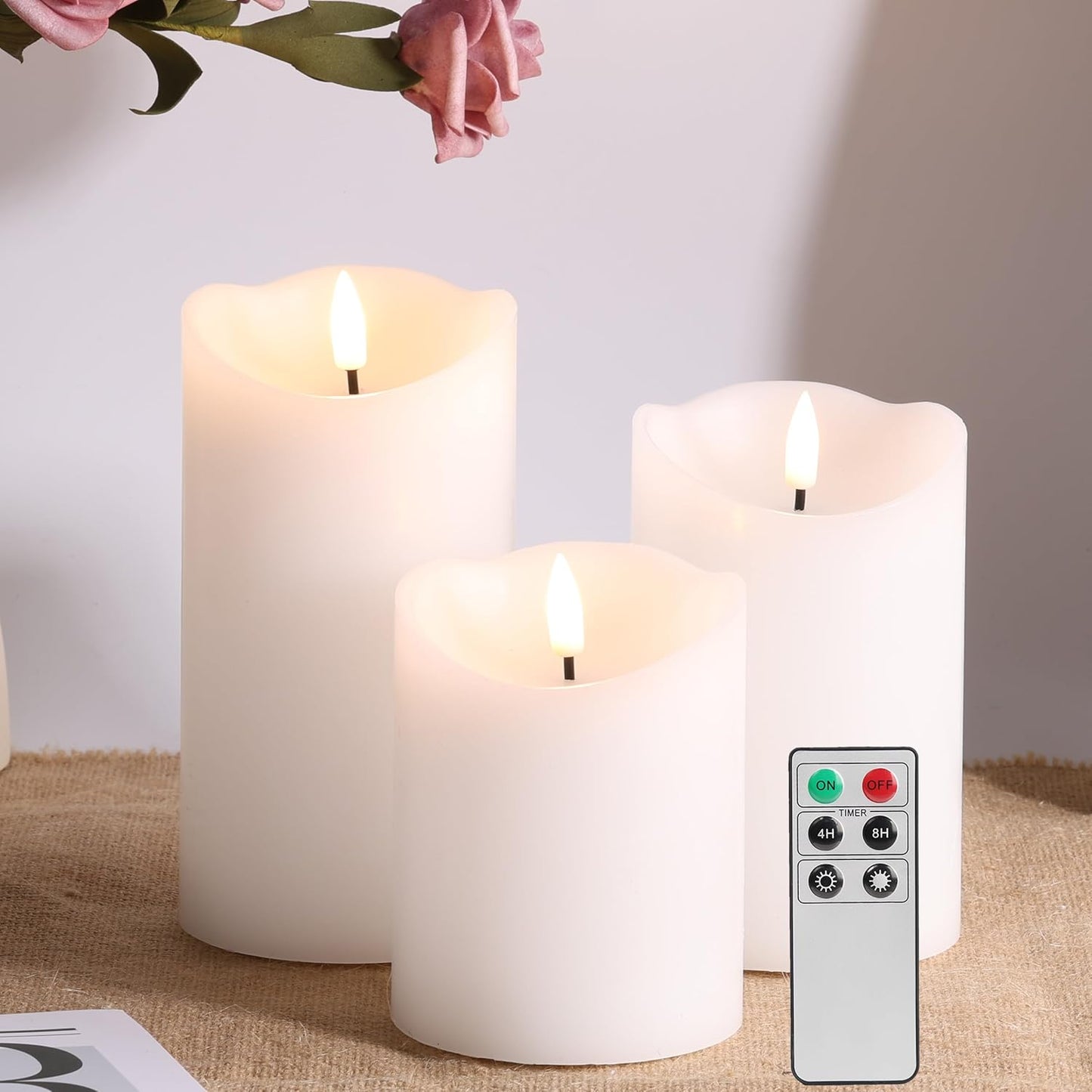 Eywamage Ivory Flameless Pillar Candles with Remote, Flickering Realistic LED Battery Wax Candles Set of 3, Φ 3" H 4" 5" 6"