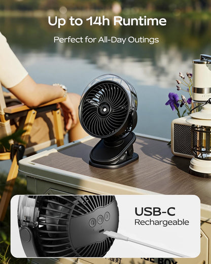 SWEETFULL Portable Misting Clip On Fan, USB-C Rechargeable Mini Personal Cooling Fan with 4 Speeds, 360° Rotatable, Quiet Cooling for Outdoor, Camping, Golf Cart, Travel, Stroller & Desk (Black)