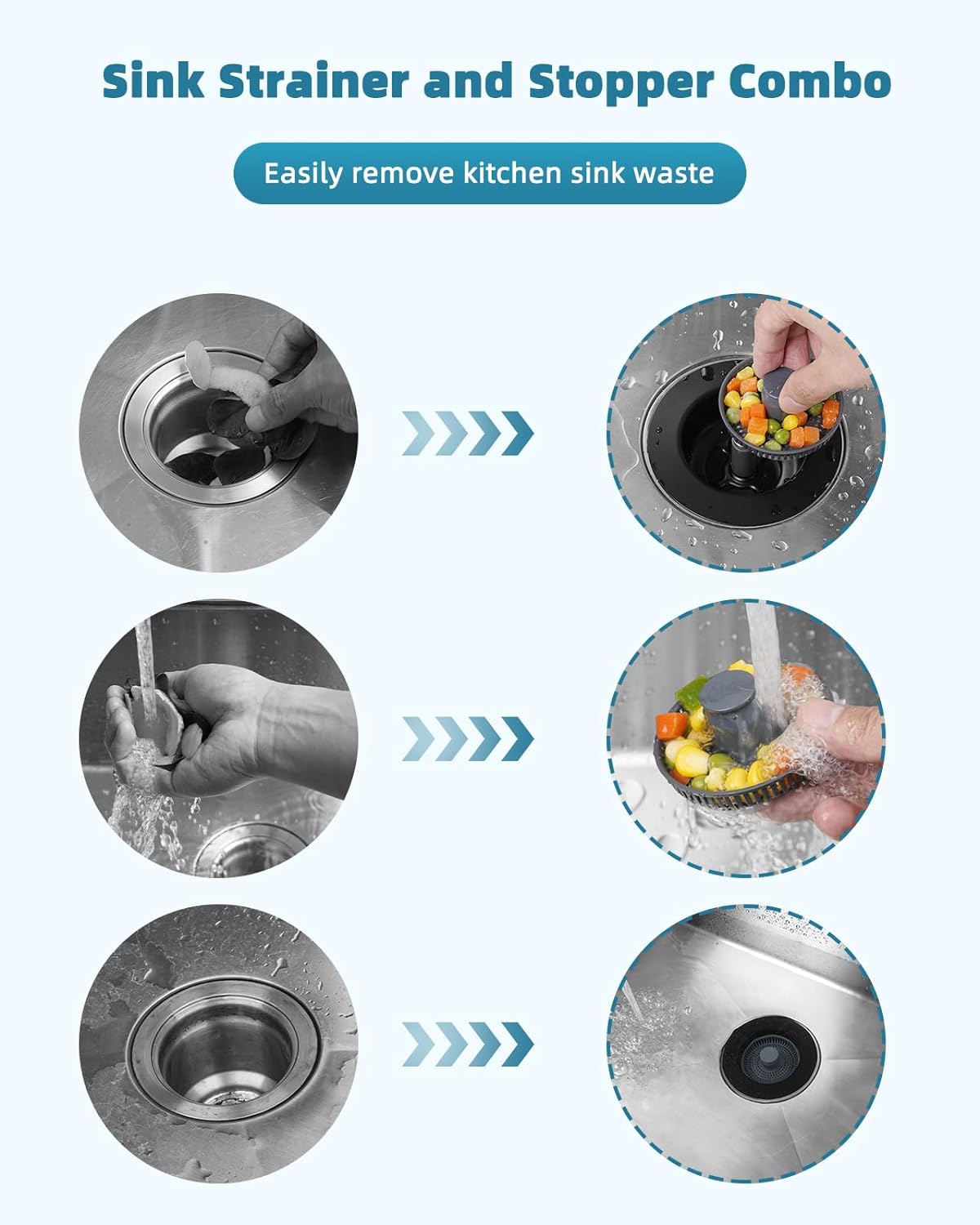 All Metal Sink Drain Strainer for Kitchen Sink, Universal Fit | Pop Up 3-in-1 Sink Stopper Drainer, 304 Stainless Steel Basket for US Standard 3-1/2 inch Drain Filter, Anti-clog