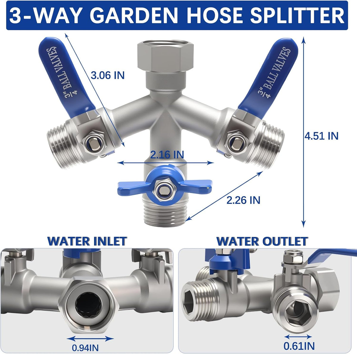 Hose Splitter 2 Way Heavy Duty, Full Flow Garden Hose Splitter with Large Easy-Turn Handle, 3/4 Inch GHT Brass Water Hose Splitter for Outdoor Faucet, Y Valve Hose Bib Splitter