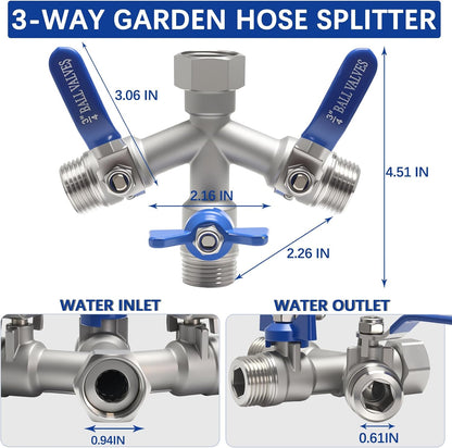 Hose Splitter 2 Way Heavy Duty, Full Flow Garden Hose Splitter with Large Easy-Turn Handle, 3/4 Inch GHT Brass Water Hose Splitter for Outdoor Faucet, Y Valve Hose Bib Splitter