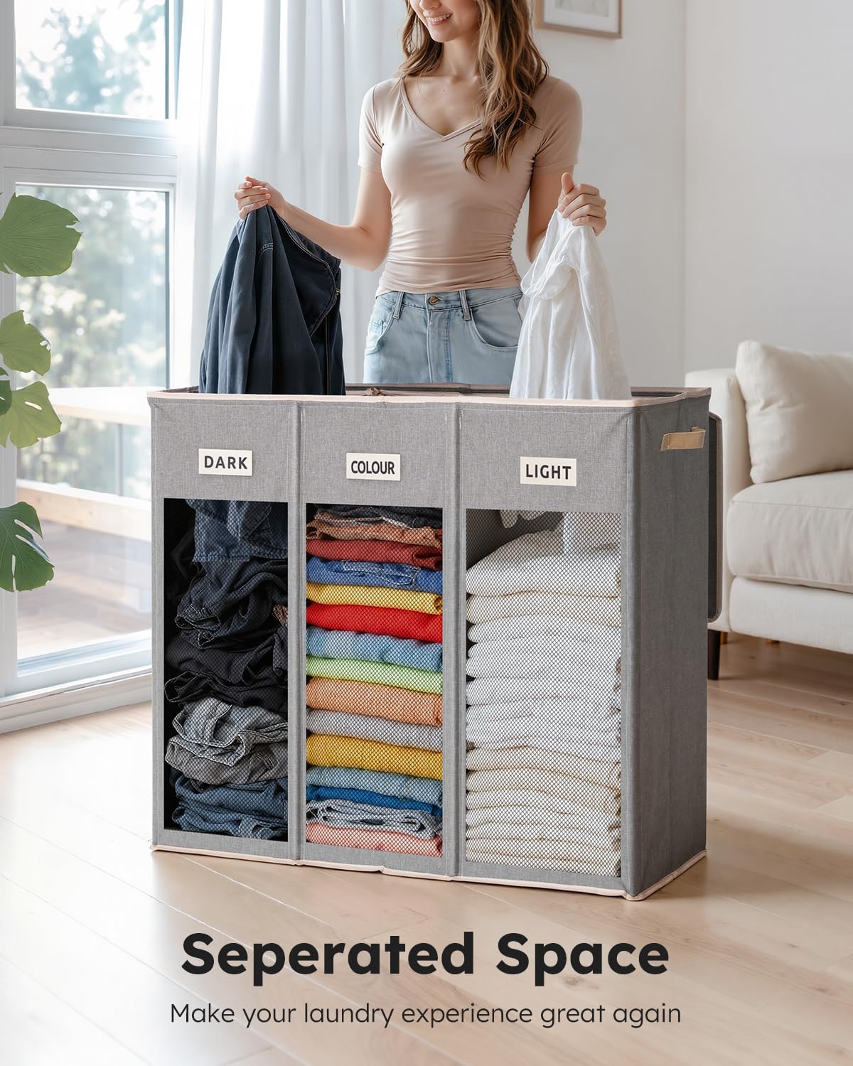 SOLEDI 180L Laundry Hamper 3 Section, Extra Large Laundry Hamper with Lid, Dirty Clothes Hamper with Sturdy Handle, Large Laundry Basket Organizer for Laundry Room, Bedroom, Hampers for Laundry