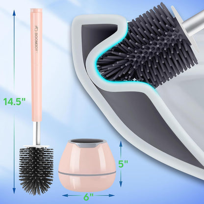 BOOMJOY Toilet Brush and Holder Set, Silicone Toilet Bowl Cleaner Brush, Bathroom Cleaning Bowl Kit with Tweezers, Bathroom Accessories with Aluminum Handle - White