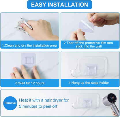 Acrylic Soap Dish, Clear Self Draining Soap Holder, No Drilling | No Tool, Universal and Aesthetics, Waterproof, 2 Pcs Plastic Soap Saver - Bathroom Kitchen Organizer
