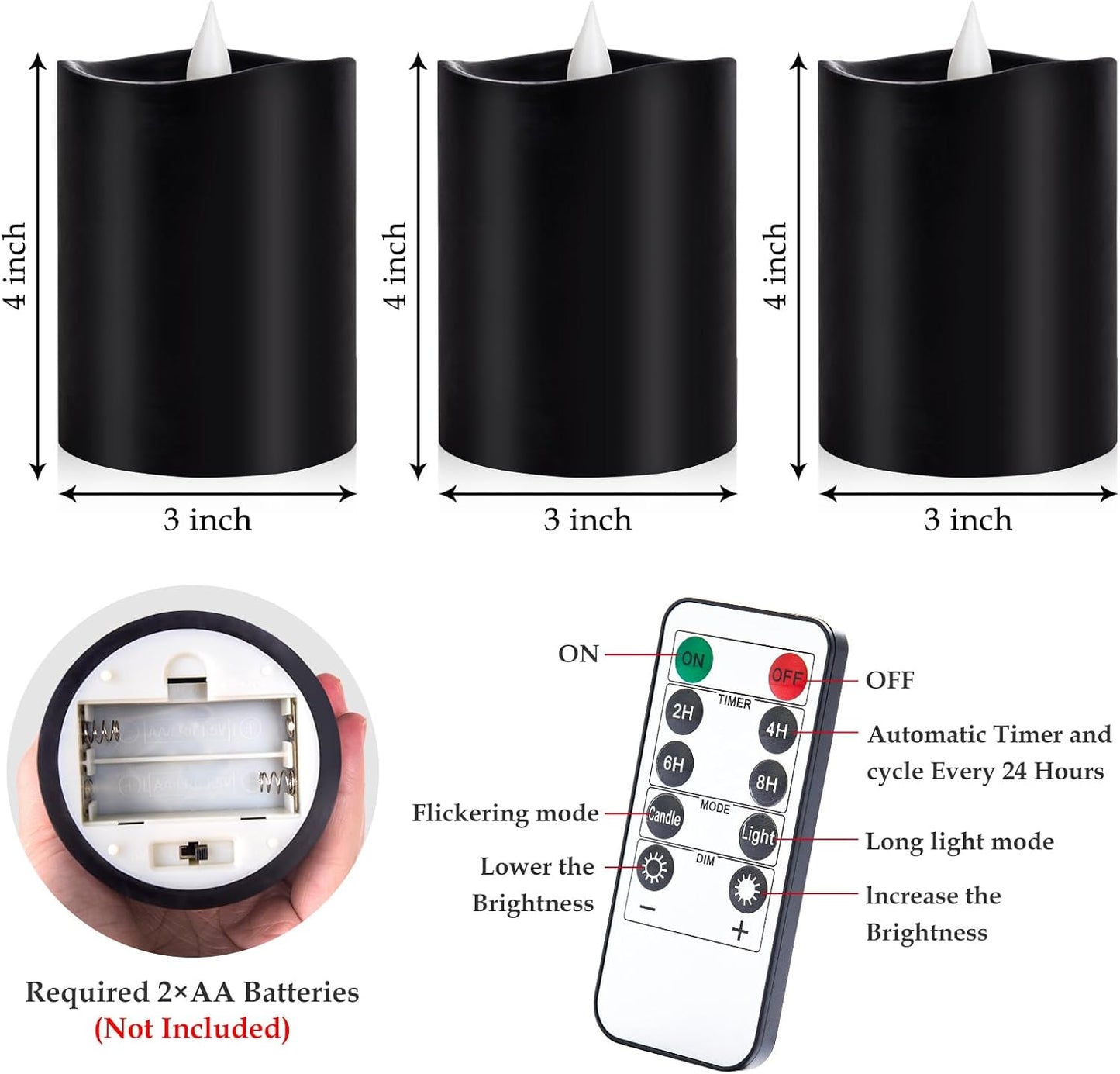 3"x4" Flickering Flameless Battery Candles with Timer, White Realistic LED Pillar Candles, Set of 2 Large Remote-Operated Candles for Home Indoor/Outdoor & Holiday Decor
