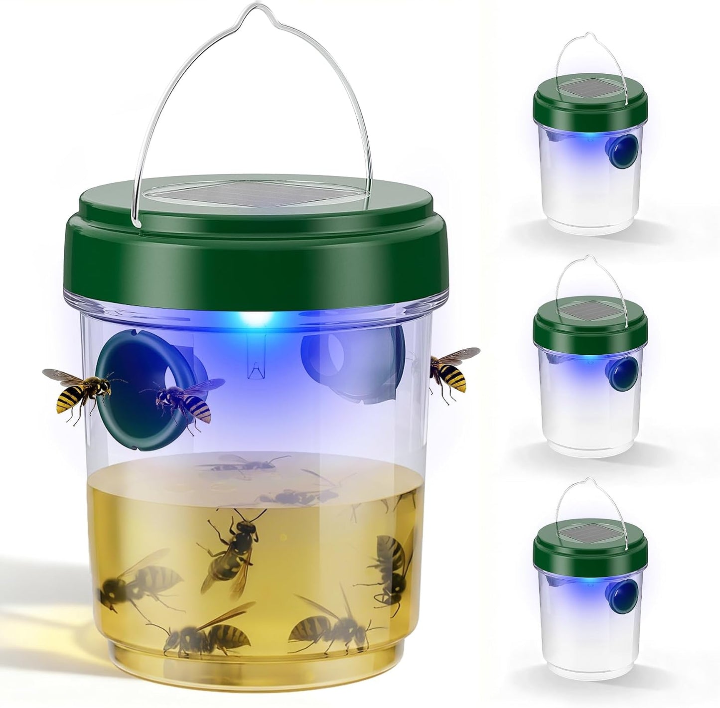 Wasp Traps Outdoor Hanging 4 Packs, Solar Powered Hornet Catcher for Outside Patio Backyard Camping, New Upgrade Carpenter Bee Insect Yellow Jacket Trap with LED Light