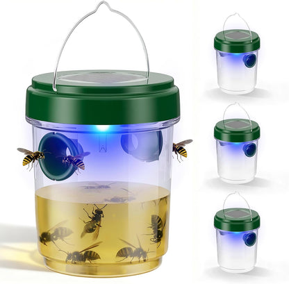 Wasp Traps Outdoor Hanging 4 Packs, Solar Powered Hornet Catcher for Outside Patio Backyard Camping, New Upgrade Carpenter Bee Insect Yellow Jacket Trap with LED Light