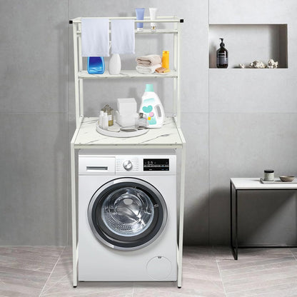 Washer and Dryer Shelves, Washer Dryer Countertop Rack 3 Tiers Laundry Room Storage Organizer Standing Shelf with Hanger Rod, Clothes Drying Rack Space Saving Organizers Shelf (White+Marble Plate)
