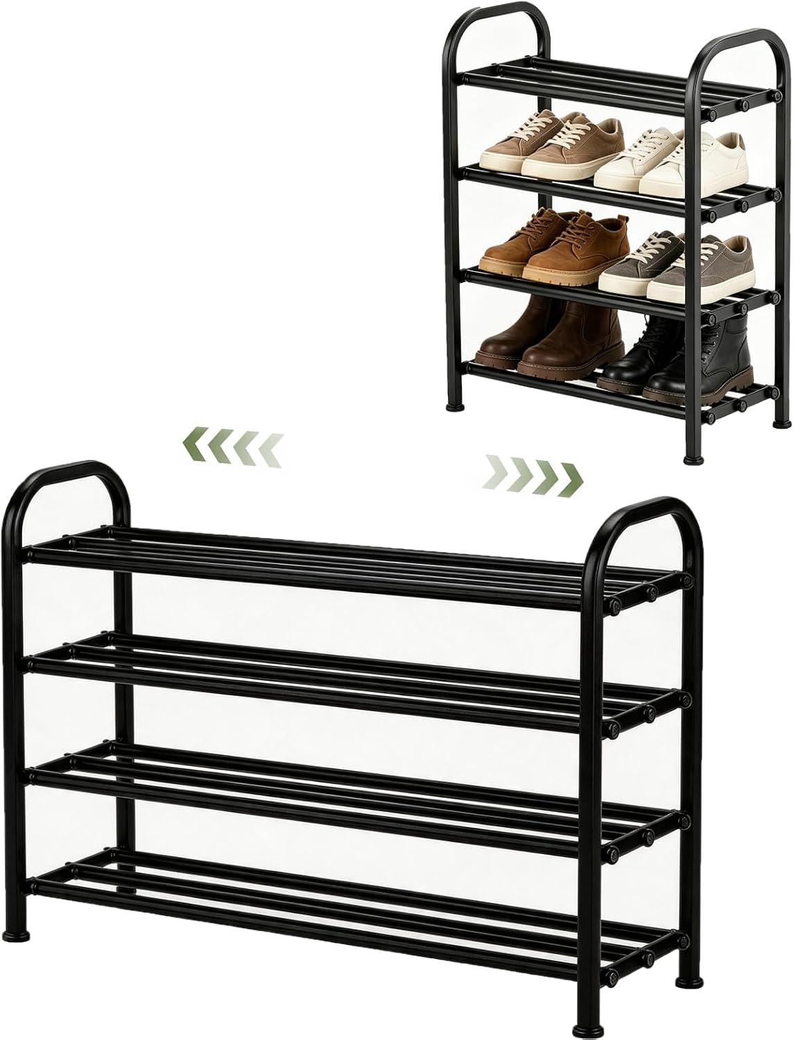 4-Tier Expandable Shoe Rack, Stackable and Adjustable Shoes Organizer Storage Shelf, Sturdy and Durable Metal Structure Free Standing Shoe Rack for Closet Entryway Doorway