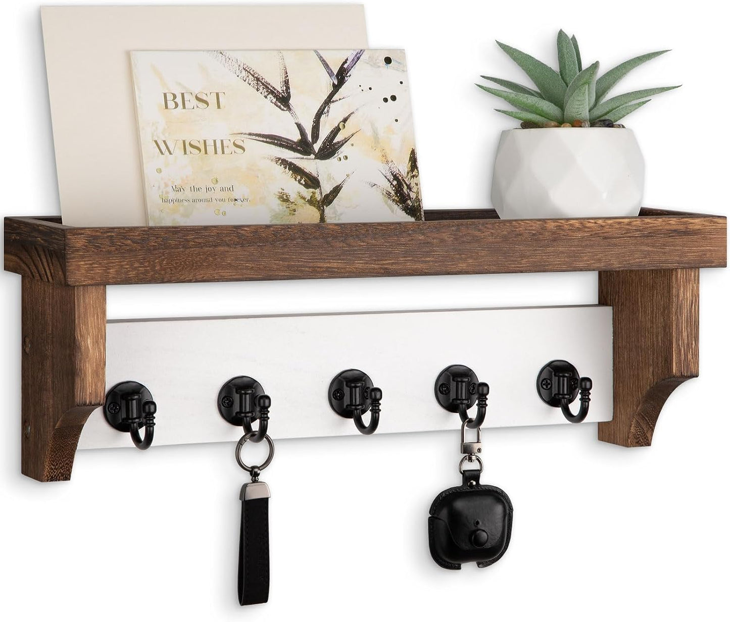 Key and Mail Holder Wall Mount, Key Holder with Shelf and Mail Organizer Wall Mount. Mail Holder with 5 Hooks for Coat, Dog Leash, Home Decor Rack, Entry Way Organizer (White)