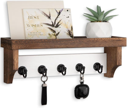 Key and Mail Holder Wall Mount, Key Holder with Shelf and Mail Organizer Wall Mount. Mail Holder with 5 Hooks for Coat, Dog Leash, Home Decor Rack, Entry Way Organizer (White)