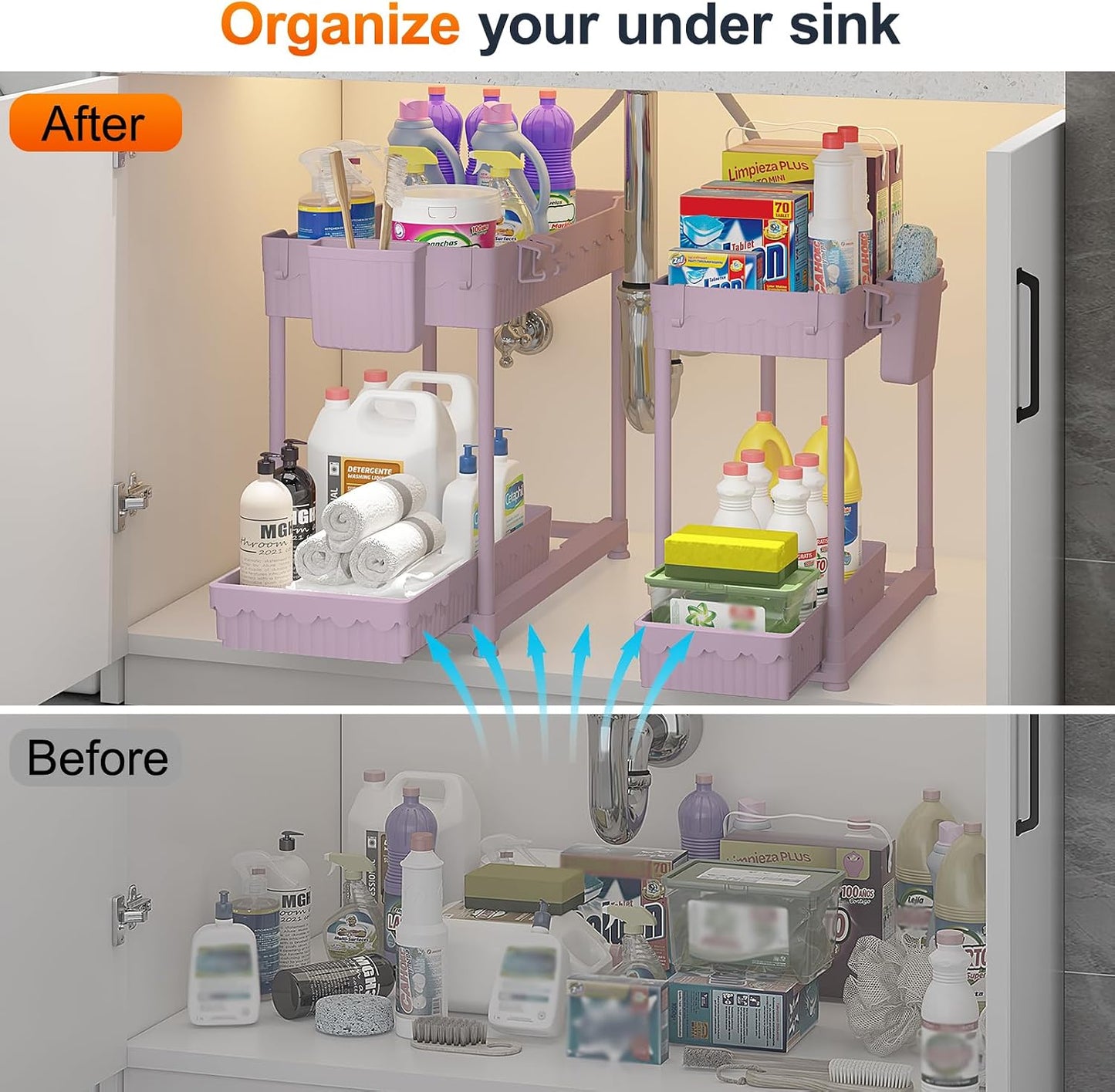 Sevenblue 4-Pack 2-Tier Under Sink Organizer with Pull Out Drawers | Multi-use kitchen & bathroom storage. Includes hanging hooks and cups. Black, space-saving cabinet design.