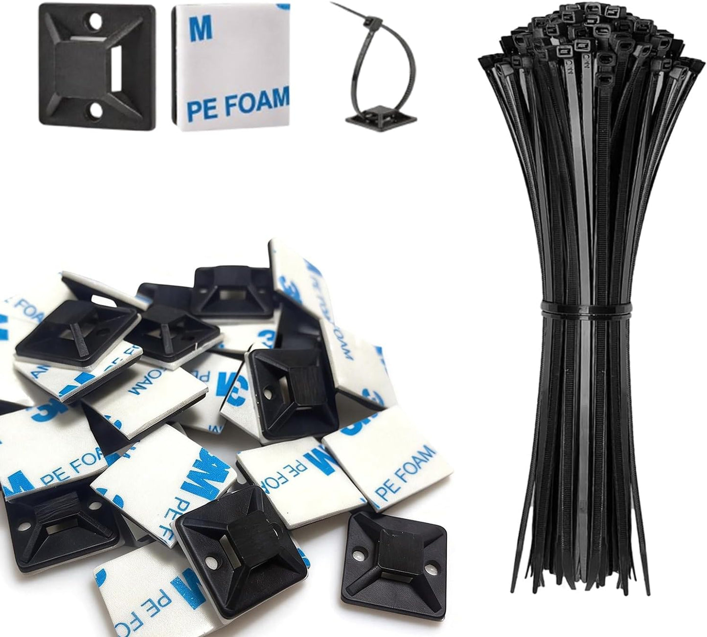 Strong Back-Glue Self Adhesive Cable Zip Tie Mounts Kit - 50 Set Cable Management Clips with 6" Zip Ties, Wire Holders - Outdoor Sticky Wire Organizer Clips-White