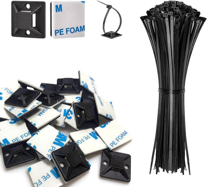 Strong Back-Glue Self Adhesive Cable Zip Tie Mounts Kit - 50 Set Cable Management Clips with 6" Zip Ties, Wire Holders - Outdoor Sticky Wire Organizer Clips-White