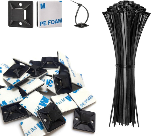 Strong Back-Glue Self Adhesive Cable Zip Tie Mounts Kit - 50 Set Cable Management Clips with 6" Zip Ties, Wire Holders - Outdoor Sticky Wire Organizer Clips-Black (50 Set, Black)