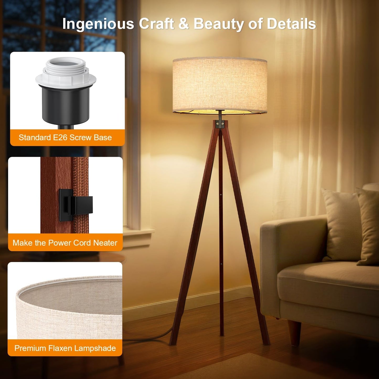 LEPOWER Tripod Floor Lamp Mid Century Modern Standing Lamps for Living Room | Light-Diffusing Linen Shade, Premium Rubberwood Tripod with E26 Base, Adding Warmth to Bedroom, Office & Study Corner Brown