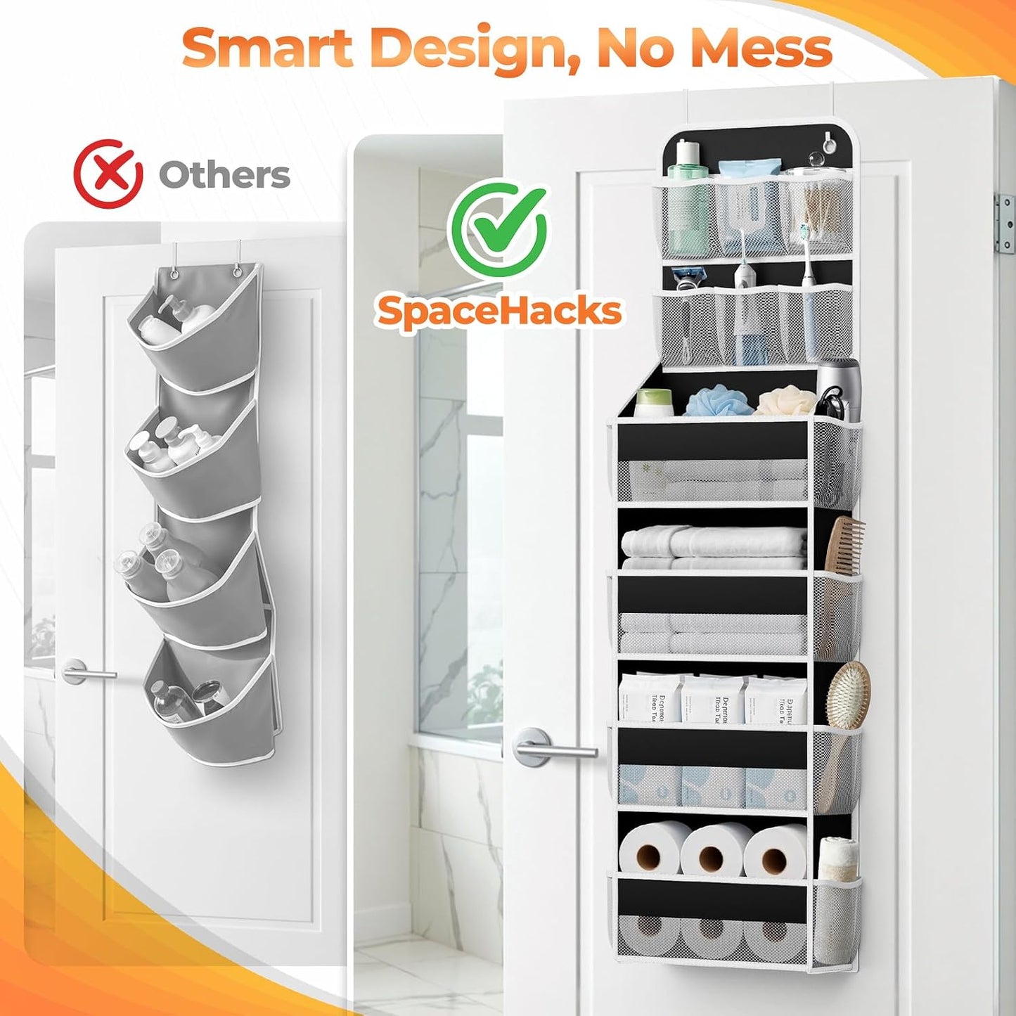 SpaceHacks 5-Tier Over the Door Organizer with Mesh Pockets, Baby Nursery Storage for Closet, Bathroom and Bedroom, Adjustable Hanging Closet Organizer for Cosmetics, Books and Essentials (Dark Grey)