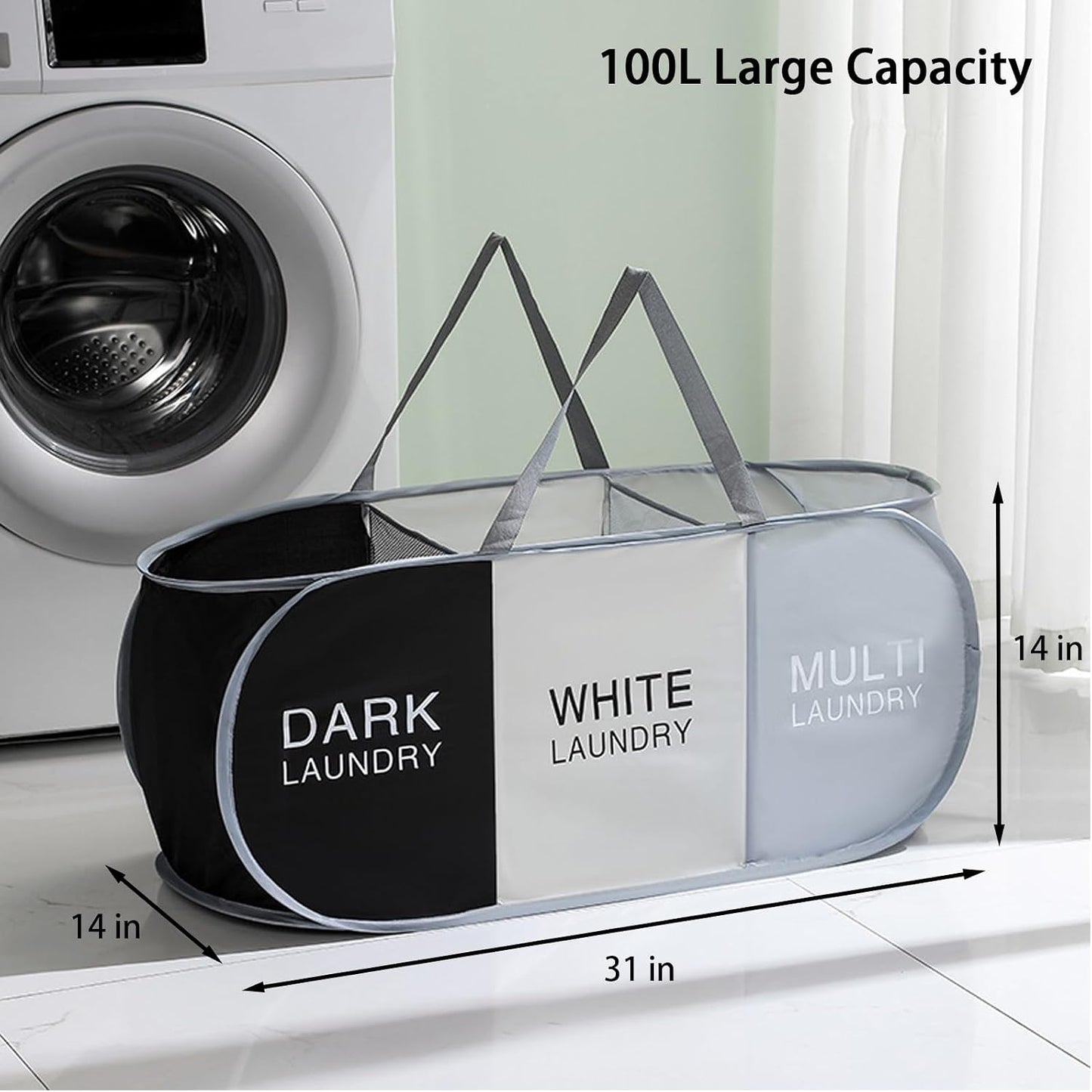 Pop Up Laundry Hamper 3 Section, Collapsible Laundry Basket with Carry Handles for Home, Laundry Room, Bedroom, Dorm, RV Travel (Black & Grey & Beige - 3 Compartments)