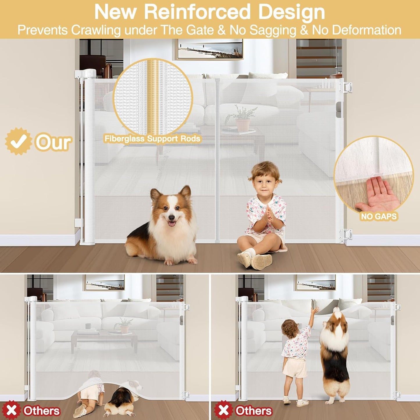 Newly Enhanced - 42" Tall × 120" Extra Wide Retractable Baby Gate Keeps Pets from Getting Under Tall Dog Gate, Indoor/Outdoor Baby Gates for Dogs, Retractable Dog Gate for Large Openings, White
