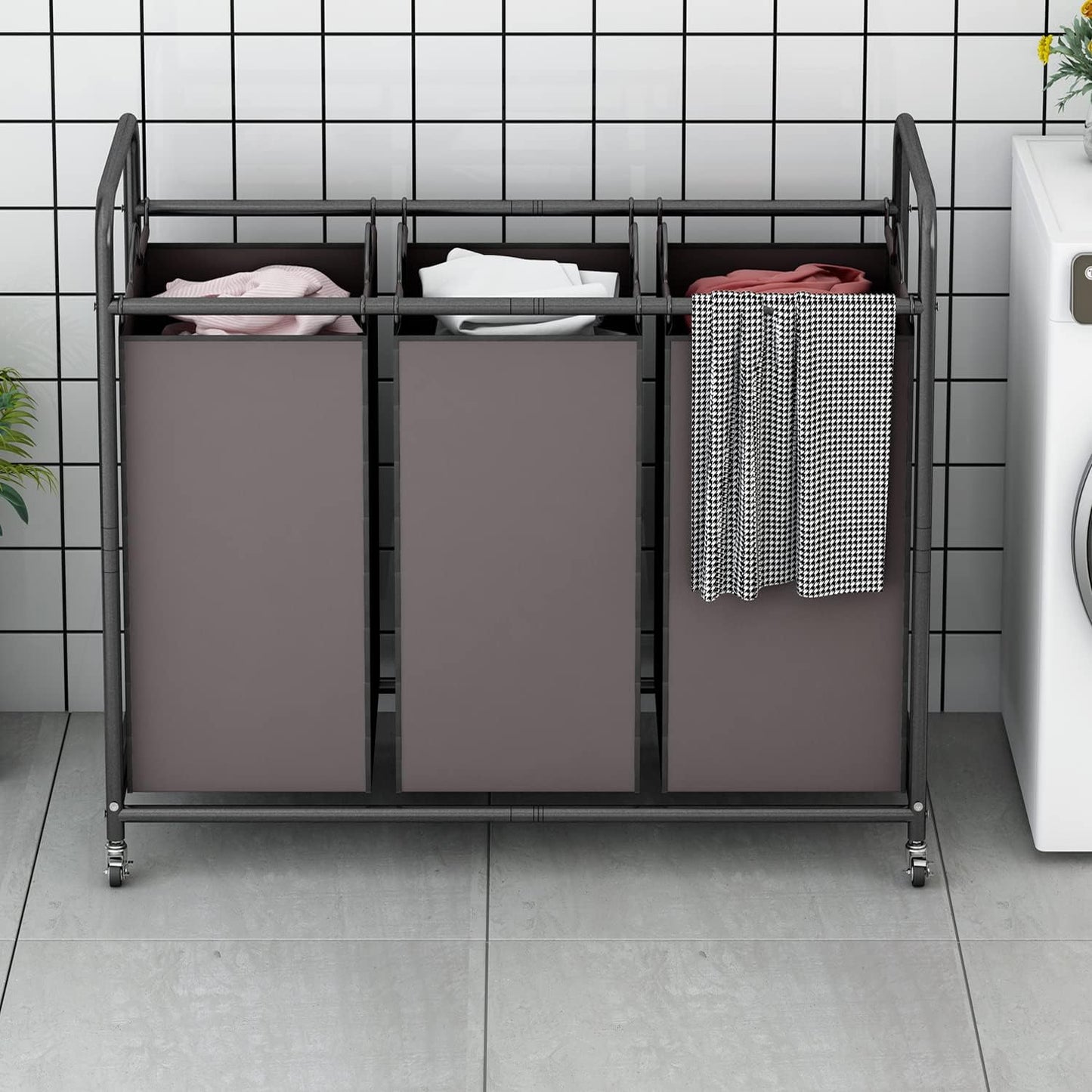 LINZINAR 3-Bag Laundry Hamper, Black Laundry Basket, 35.6 Gal(135 L) Laundry Sorter Cart Laundry Room Organization with Heavy Duty Rolling Lockable Wheels and Removable Bags