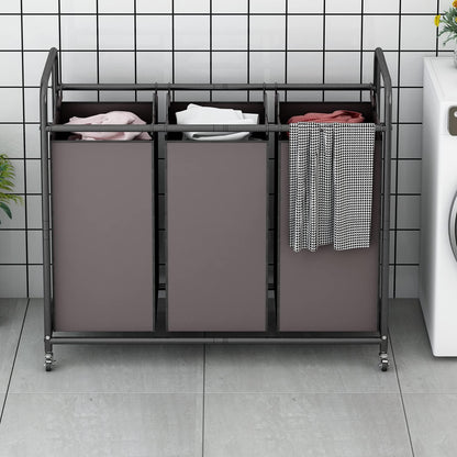 LINZINAR 3-Bag Laundry Hamper, Black Laundry Basket, 35.6 Gal(135 L) Laundry Sorter Cart Laundry Room Organization with Heavy Duty Rolling Lockable Wheels and Removable Bags