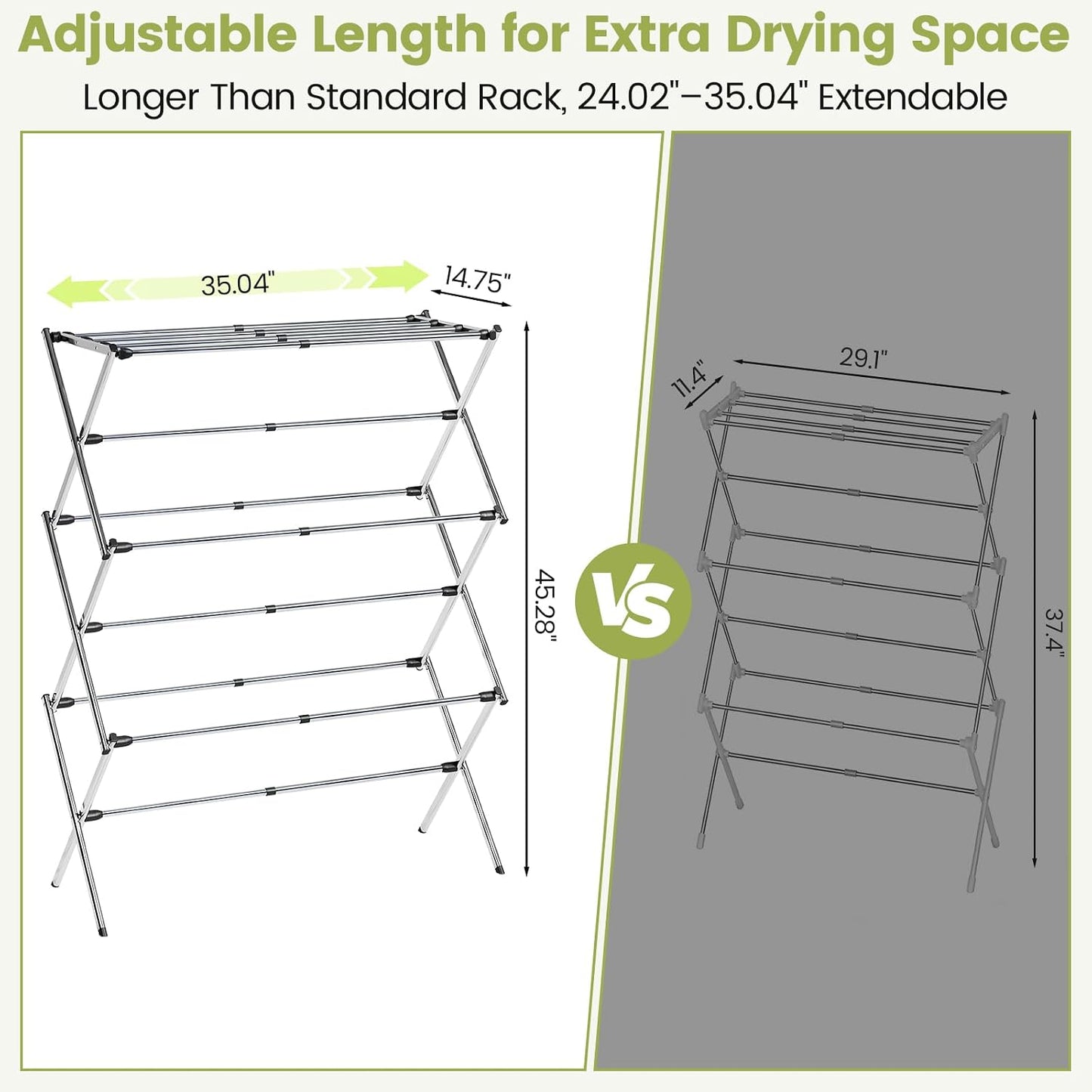 APEXCHASER Extra Large Clothes Drying Rack, Foldable & Extendable Laundry Rack with Adjustable Size (20.87"-35.43" L), Space-Saving, Rust-Resistant Frame for Indoor/Outdoor Use, White