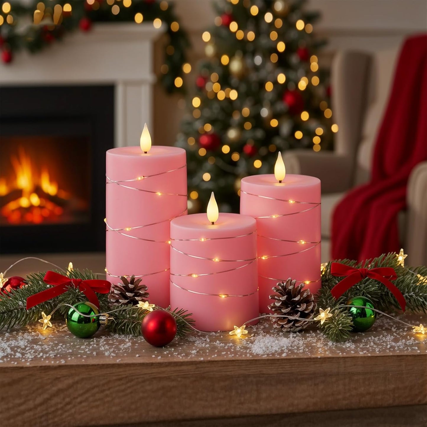 Raycare Flameless Candles with Remote Timer, Flickering Battery Operated LED Pillar Fake Candle with String Lights for Home Decor, Christmas, Wedding and Gift, White, Set of 3