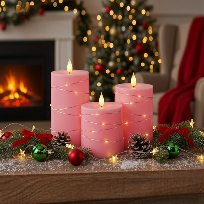 Raycare Flameless Candles with Remote Timer, Flickering Battery Operated LED Pillar Fake Candle with String Lights for Home Decor, Christmas, Wedding and Gift, White, Set of 3