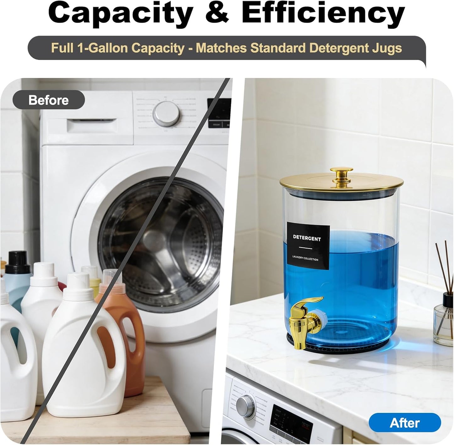 Glass Laundry Detergent Dispenser for Laundry Room Organization-Black | 1 Gallon Large Liquid Soap Dispenser with Black Metal Lid & Leak-Proof Spigot, 1 Measured Cups, 1 Silicone Mats & 9 Labels