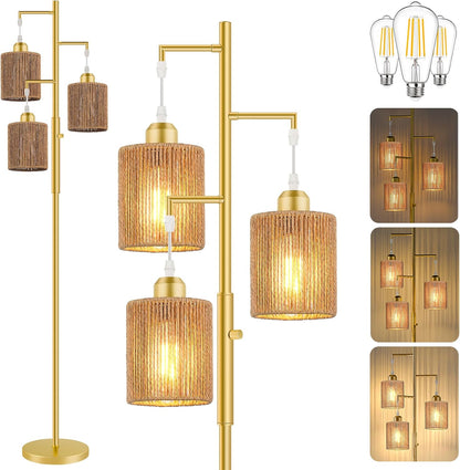 Hotsonic 72" Tall Boho Rattan Style Floor Lamp with Hand-Woven Paper Cord Shade, Dimmable Industrial Tree Standing Lamp for Living Room, Bedroom, Study Room, Office (3 x 800LM Bulbs Included) - Black