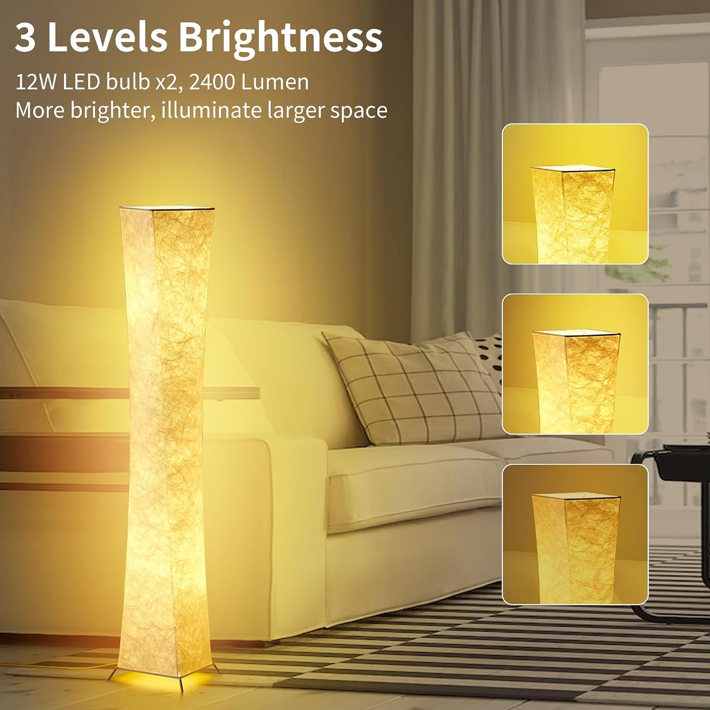 chiphy Floor Lamp, Dimmable 61" Tall Standing Lamp, 3 Levels Adjustable Brightness 12Wx2 LED Bulbs, Column Floor Light w/White Fabric Shade, Home Decor for Living Room, Bedroom, Kids Room