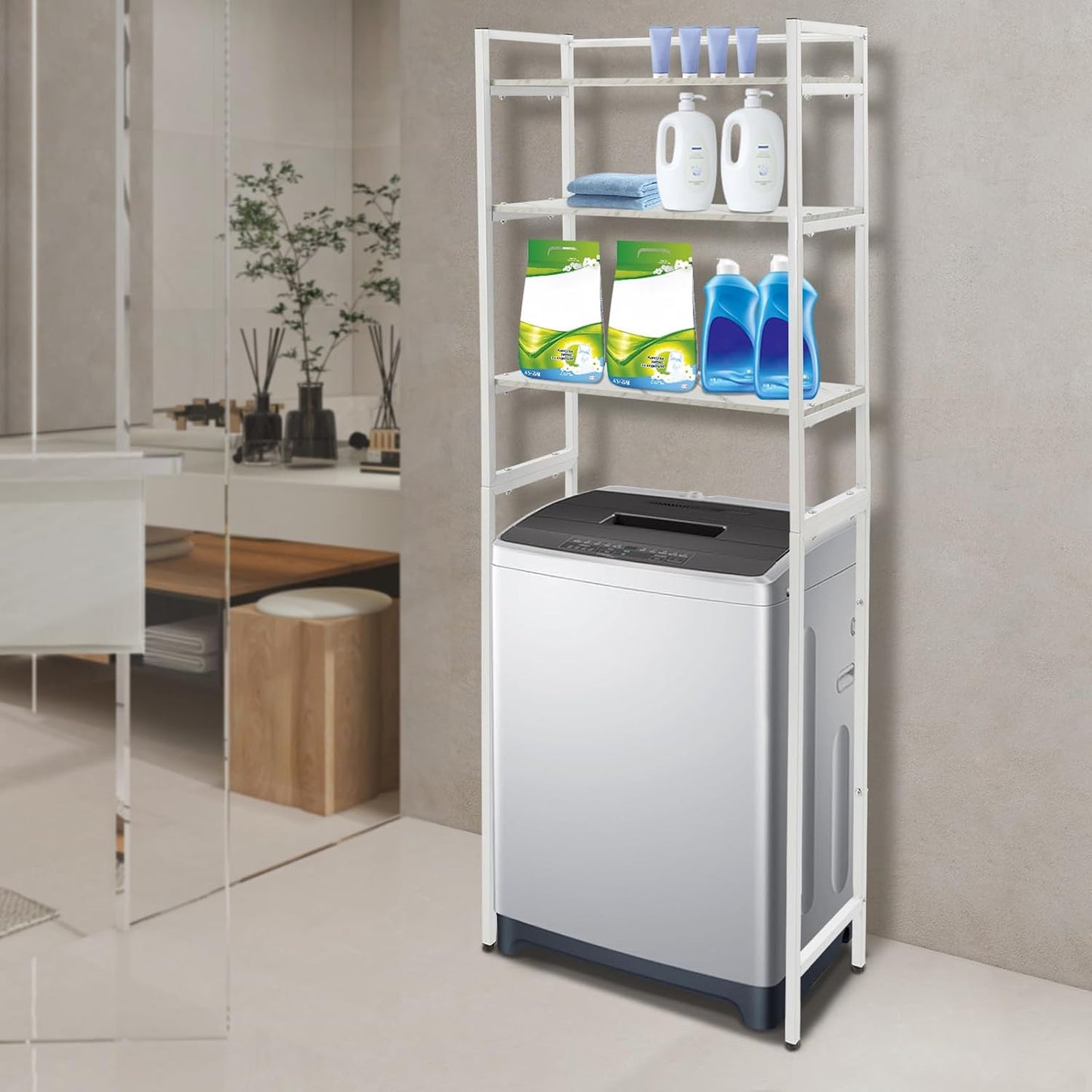 Over The Washer and Dryer Storage Shelf, 3-Tier Floor-Standing Storage Rack Metal Utility Organizer for Laundry Room Bathroom Kitchen