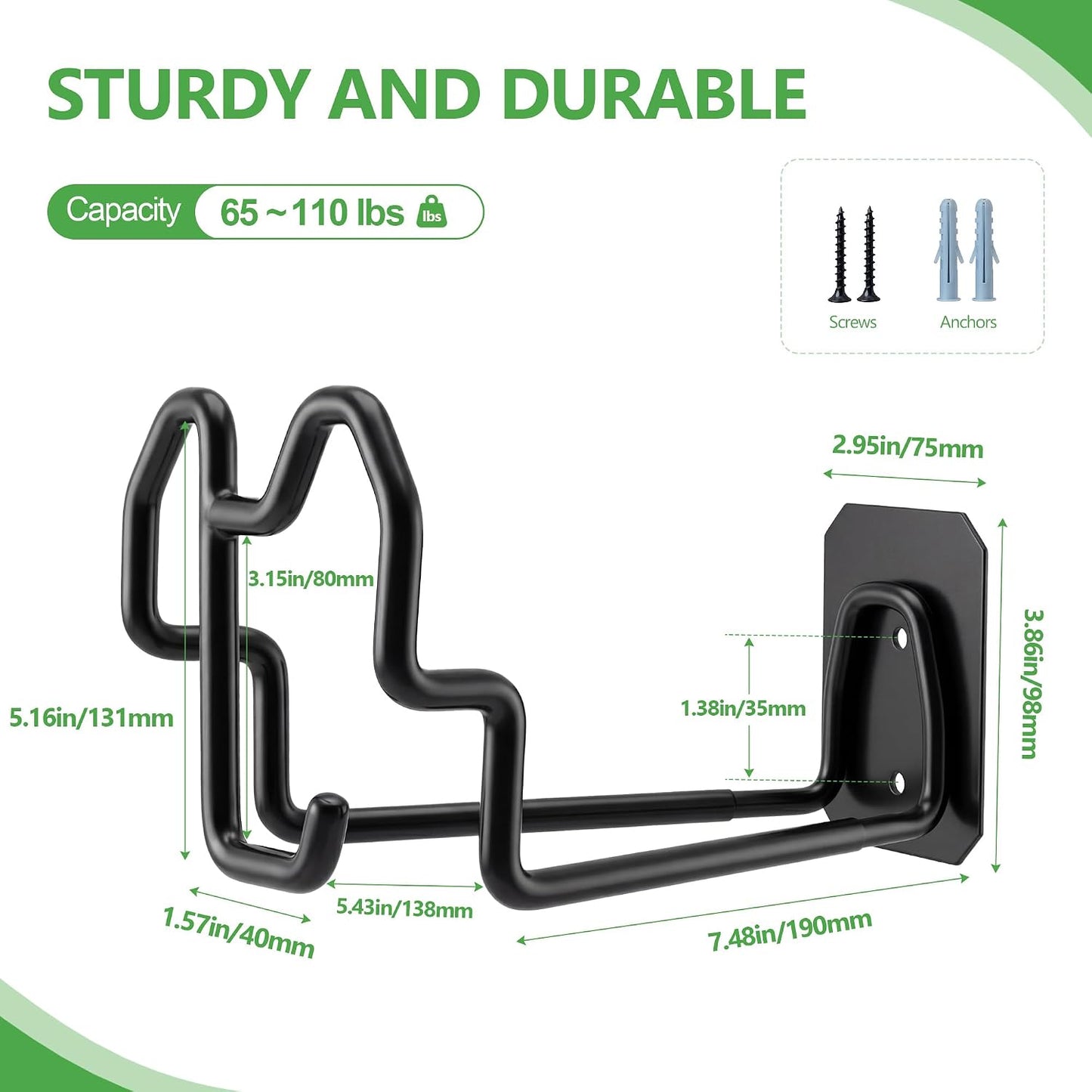 Heavy Duty Garden Hose Holder Wall Mount - Gloss Black Rust-Resistant Metal Hanger with Nozzle Slot, PVC Coated for Indoor/Outdoor Use