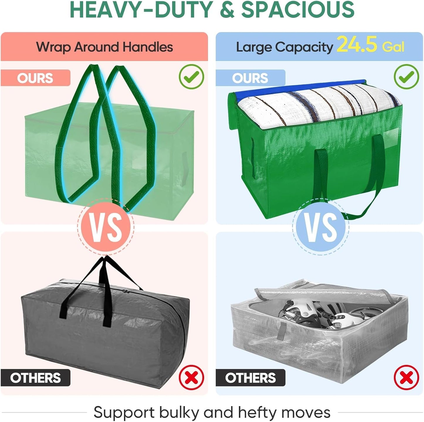 BALEINE 6-Pack Oversized Moving Bags with Reinforced Handles, Heavy-Duty Storage Tote for Clothes, Moving Supplies (Clear, 6-Pack)