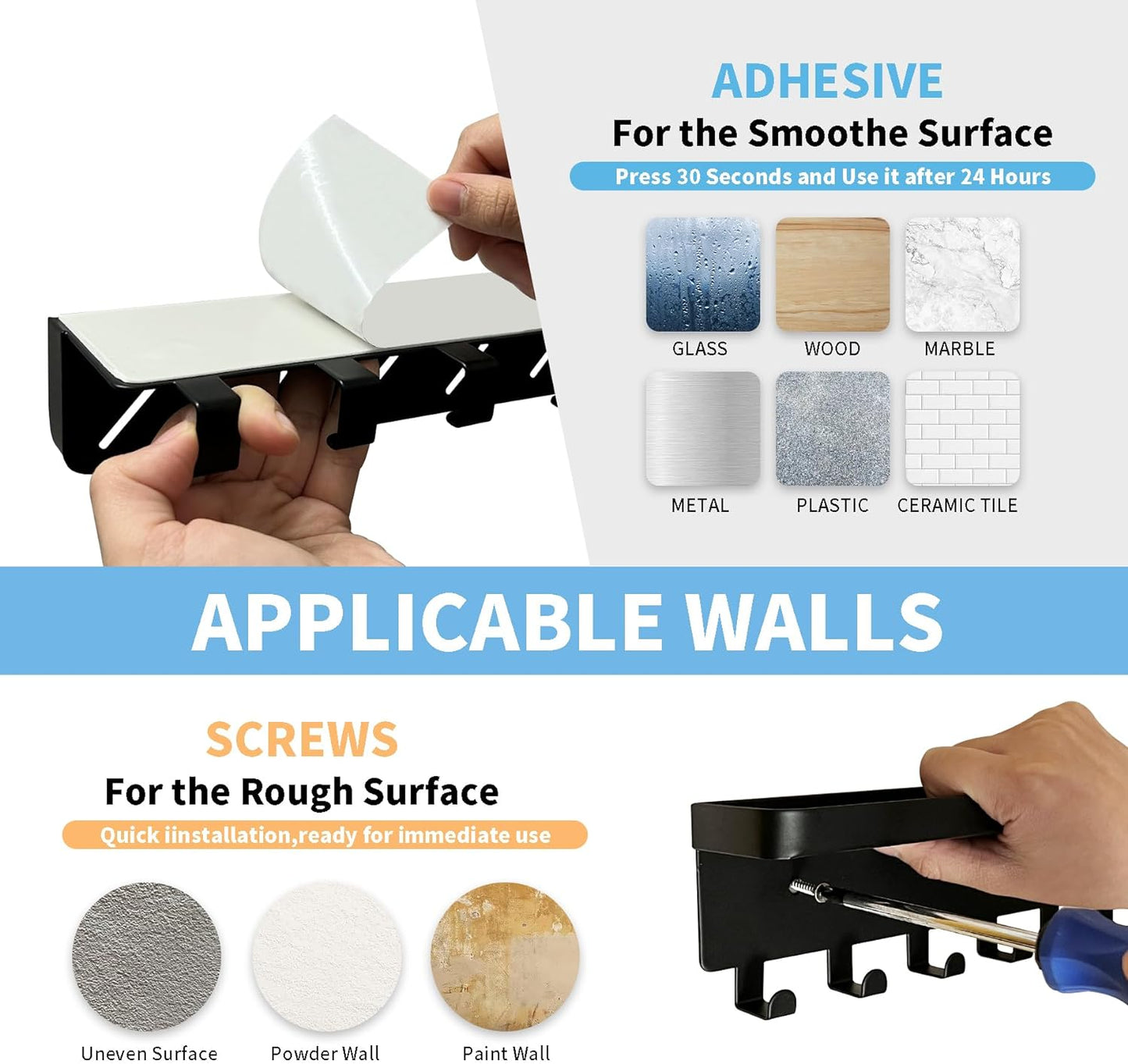 GTK Key Holder for Wall, Key Hooks with 6 Hooks, Wall Mounted Key Holder for Hallway, Self Adhesive Key Rack(White)