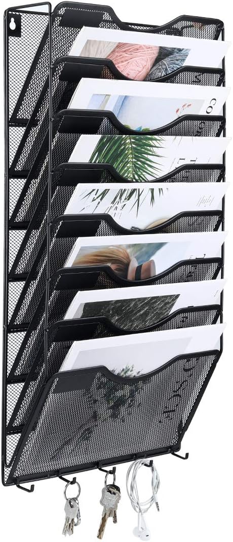 EasyPAG 5 Pocket Mesh Wall File Organizer with Key Hooks, Hanging Paper Folder Holder with Classify Label, Vertical Wall Mount Mail Organizer for Office Home Classroom, Black