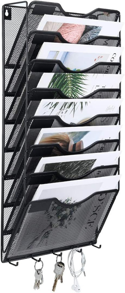 EasyPAG 5 Pocket Mesh Wall File Organizer with Key Hooks, Hanging Paper Folder Holder with Classify Label, Vertical Wall Mount Mail Organizer for Office Home Classroom, Black