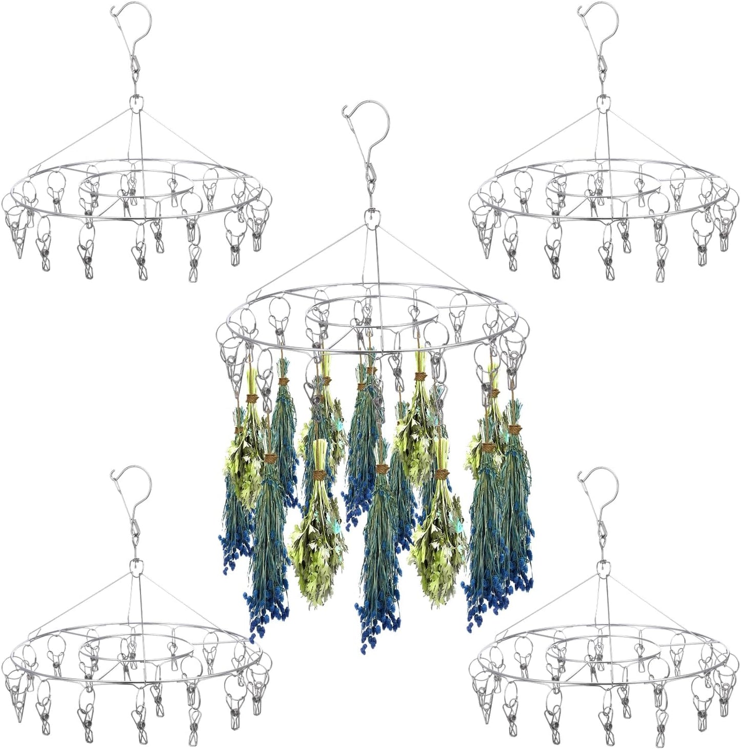 5 Pack Stainless Steel Hanging Drying Rack with Clips - Foldable Laundry & Plant Dryer for Socks, Underwear, Bras, Towels, Spices & Flowers