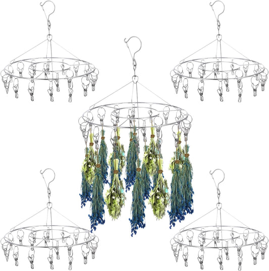 5 Pack Stainless Steel Hanging Drying Rack with Clips - Foldable Laundry & Plant Dryer for Socks, Underwear, Bras, Towels, Spices & Flowers