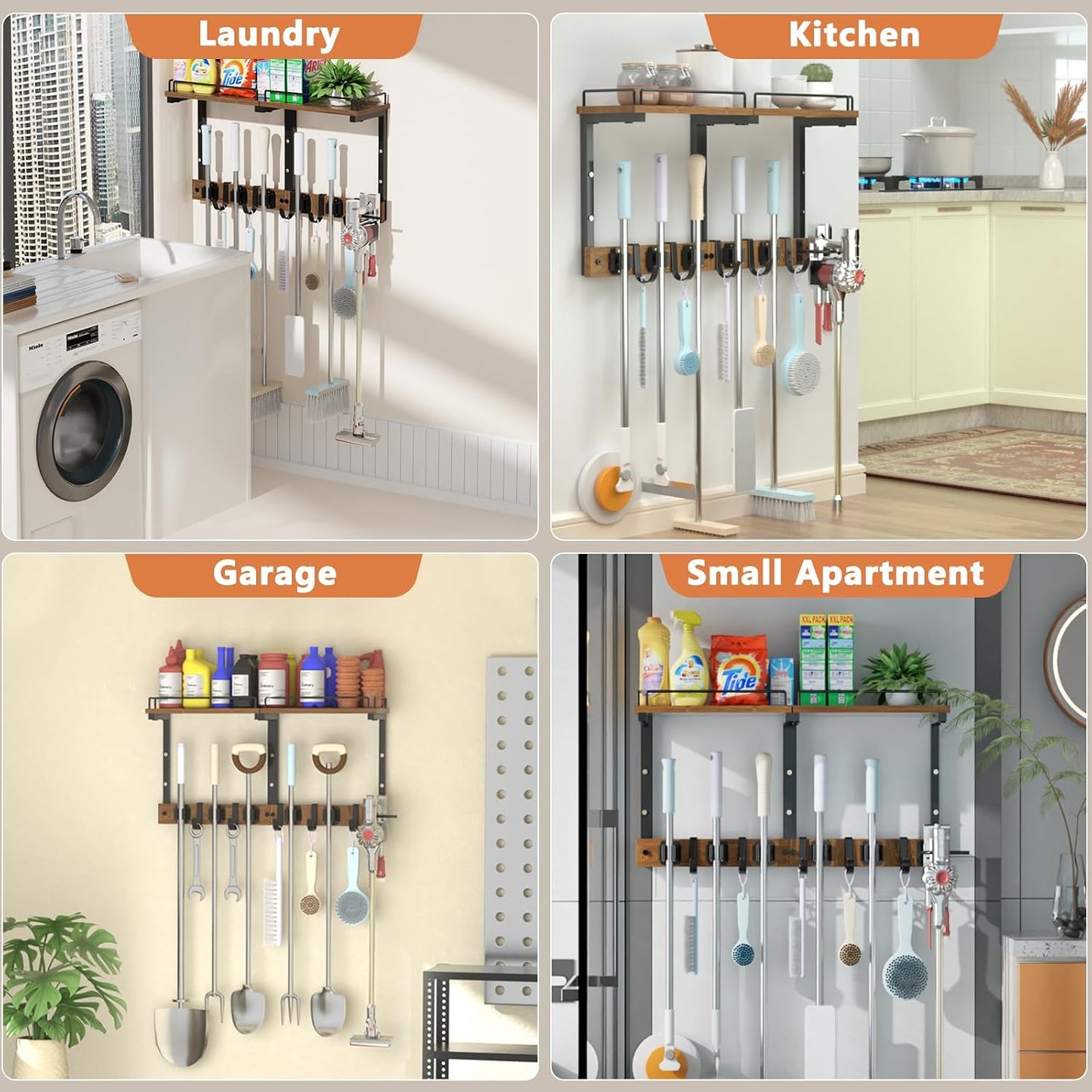 Mop Holder Wall Mount with Cleaning Supplies Organizer, Wood Mop and Broom Hanger Rack Organizer with Anti-Fall Wall Shelf with 5 Clips & Hooks for Garage Laundry Room Kitchen (Brown)